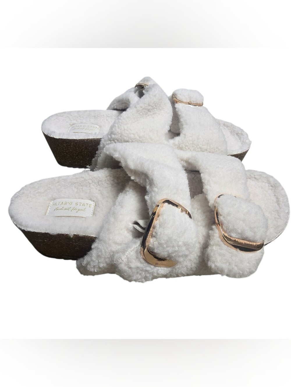 Nwot Altard State White Sherpa Gold Buckle Cork Slide Slippers Size 9